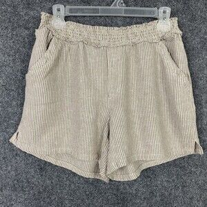 Democracy Linen Blend Shorts Women M Pull-on Tan White Stripe High Rise Pockets